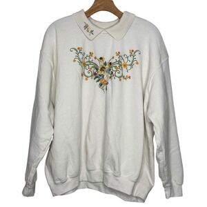 Country Store White Embroidered Floral Collared Sweatshirt Plus Size 2XL Grandma